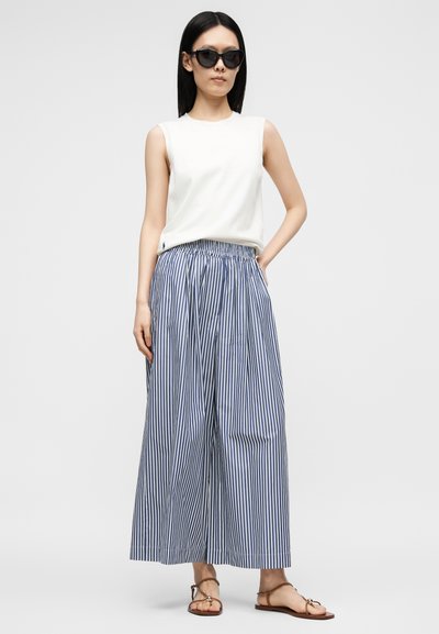 Femme portant un haut blanc sans manches, un pantalon large rayé vertical bleu et blanc, des sandales et des lunettes de soleil noires, debout avec une main sur la hanche.