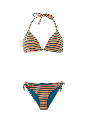 Tweedelig bikiniset van gestructureerde stof met horizontale strepen in geel, groen, roze en blauw. Driehoekig topje met nekstrik en bijpassende broek met strik aan de zijkant.