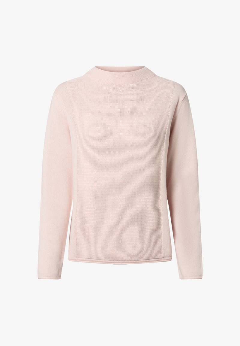 Helle rosa Langarmbluse mit strukturiertem Strickmuster, hohem Ausschnitt und geradem Schnitt. Mit seitlichen Schlitzen am Saum.