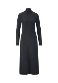 Strick-Midikleid in Dunkelgrau mit hohem Kragen, langen Ärmeln und figurbetonter Silhouette, das eine glatte Textur aufweist und keine sichtbaren Verschlüsse hat.