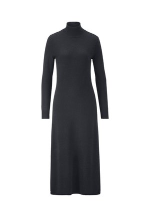 Strick-Midikleid in Dunkelgrau mit hohem Kragen, langen Ärmeln und figurbetonter Silhouette, das eine glatte Textur aufweist und keine sichtbaren Verschlüsse hat.