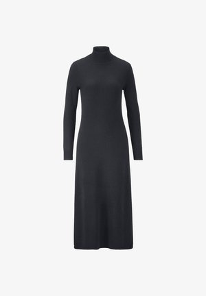 Gebreide midijurk in donkergrauw met een hoge hals, lange mouwen en een aansluitende silhoutte, met een gladde textuur en zonder zichtbare sluitingen.