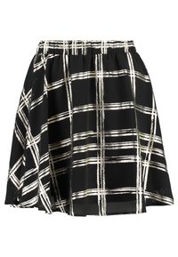 Svart kjol med rutigt mönster i metalliskt silver och grönt, med elastisk midja och ett flödande, lätt tyg.