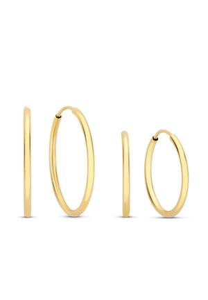 Gold hoop earrings in varying sizes; rounded shape with a smooth, shiny texture and no visible embellishments or patterns.