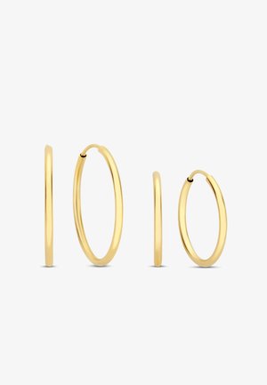 Gold hoop earrings in varying sizes; rounded shape with a smooth, shiny texture and no visible embellishments or patterns.