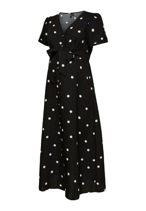 Sort maxikjole med hvide prikker, korte ærmer, V-hals, knapper foran og bælte i taljen.