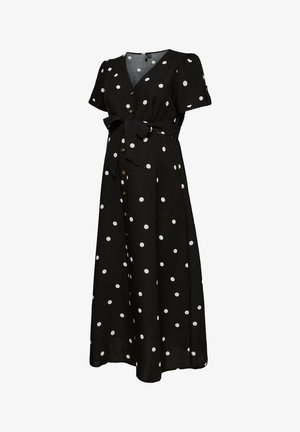 Sort maxikjole med hvide prikker, korte ærmer, V-hals, knapper foran og bælte i taljen.