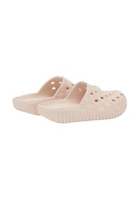Zoccoli rosa chiaro realizzati in materiale flessibile, con un motivo scallop, lati aperti e suole texturate per una presa e un comfort ottimali.