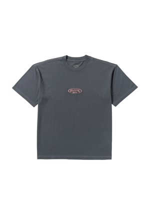 Gray cotton t-shirt with short sleeves and a crew neckline. Features a red and white logo on the chest. Smooth texture, relaxed fit.