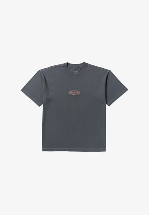 Gray cotton t-shirt with short sleeves and a crew neckline. Features a red and white logo on the chest. Smooth texture, relaxed fit.