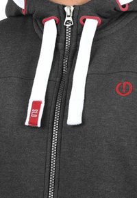 Grå lynlås hættetrøje med hvide snore, prydet med en rød detalje og logo. Lynlåsen har et sølvfarvet træk, og stoffet ser blødt og textured ud.
