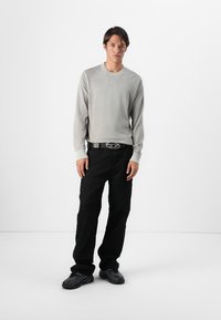 Pulover gri deschis, cu guler rotund, manșete ribbate; pantaloni negri, lejeri; curea neagră cu cataramă argintie; teniși negri. Design minimalist, aspect casual.