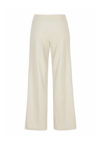 Beige bukser med vidde i benene, høj talje og glat stof, vist bagfra på en hvid baggrund.