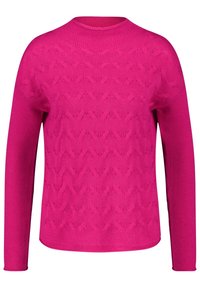 Pull tricoté rose vif à manches longues avec un motif texturé subtil et un col rond, présenté sur un fond blanc.