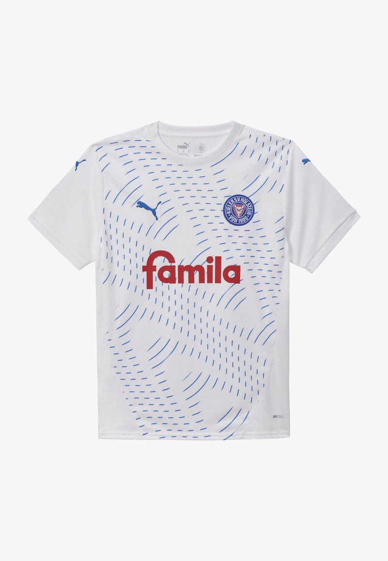 Maillot de sport blanc avec des accents bleus et des motifs de lignes ondulées. Présente un logo bleu et un texte rouge qui dit "famila". Fabriqué en tissu respirant.
