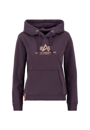 Lila Kapuzenpullover aus weichem Stoff mit einer Fronttasche, verstellbarem Kapuzenzug und goldbedrucktem Logo "Alpha Industries" auf der Brust.