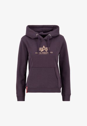 Lila Kapuzenpullover aus weichem Stoff mit einer Fronttasche, verstellbarem Kapuzenzug und goldbedrucktem Logo "Alpha Industries" auf der Brust.