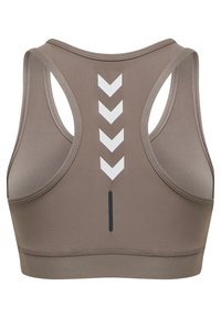 Stanik sportowy w stonowanym brązowym kolorze, z plecakiem, białymi akcentami w kształcie chevronu oraz czarnym pionowym paskiem z tyłu.