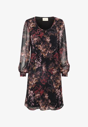 Lillelille mustriga kleit, millel on pikad, puhvav varrukad, ümmargune kaelus ja kerge, läbipaistev kangas tumedates, elavates värvitoonides, sealhulgas marooni ja lilla toone.