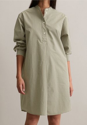 Kvinde iført en langærmet, knælængde lysegrøn og hvid ternet kjole med en kort knappet krave.