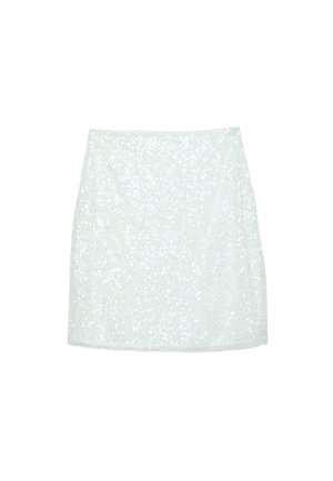 Weißer Minirock mit irisierenden Pailletten, die den Stoff bedecken, gerader Schnitt und ein dezenter Spitzenbesatz am Saum.