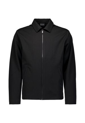 Black long-sleeve men's jacket with a front zipper, pointed collar, and two side pockets against a white background.
