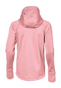 Rosa huvtröja med en mjuk textur, med en logotyp på baksidan. Långa ärmar med åtsittande muddar och en avslappnad passform.