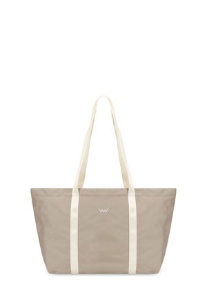 Beige canvas tote bag with light-colored straps, rectangular shape, and a minimalist logo in the center. Sturdy design for everyday use.