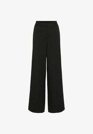 Pantalones de pierna ancha negros con una cintura alta, tela suave y bolsillos laterales, que presentan un diseño limpio y minimalista.