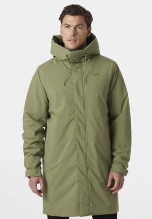 Long olive green waterproof coat with a large hood, adjustable drawstrings, and side pockets. Features a smooth, textured fabric.