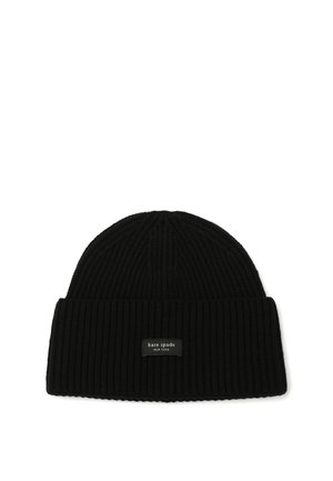 Black ribbed knit beanie featuring a folded cuff and a rectangular black leather logo patch with white text. Soft, warm texture.