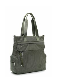 Olive green textured tote bag with long handles, front zip pocket, side pockets, and metal clip detail on front zipper pull.