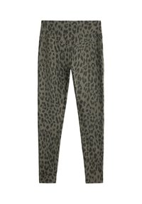 Leggings taille haute vert olive avec motif léopard noir, coupe ajustée et bande de taille sans coutures.