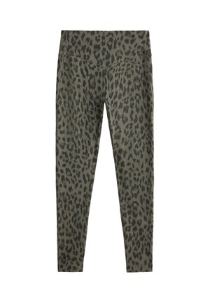 Colanți verde măsliniu cu talie înaltă, cu model leopard negru, design mulat și detaliu fără cusături la talie.