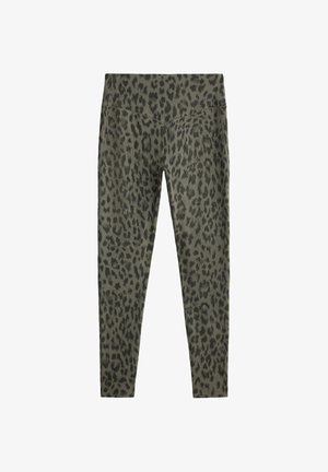 Olivegrüne Leggings mit hoher Taille, schwarzem Leopardenmuster, figurbetontem Design und nahtlosem Bunddetail.