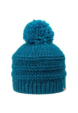 Teal gebreide beanie met een gestructureerd patroon en een grote pompon bovenop. Voorzien van een geribbelde manchette en een klein logolabel aan de zijkant.