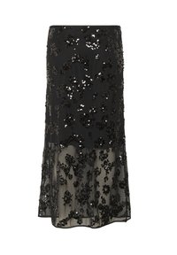 Jupe midi noire avec un design superposé, ornée de sequins floraux et de dentelle complexe, créant un aspect texturé et accrocheur.