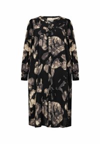 Lång svart klänning med ett texturerat, abstrakt blommönster i beige och grått; har V-ringning och långa ärmar med samlade manschetter.