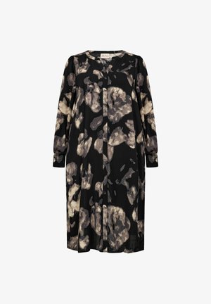 Hosszú fekete ruha texturált, absztrakt bézs és szürke virágmintával; V-nyakú, hosszú ujjú, az ujjaknál gombos mandzsettával.