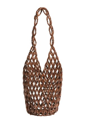 Brown beaded mesh shoulder bag with large oval beads and a looped handle, designed for lightweight carrying.