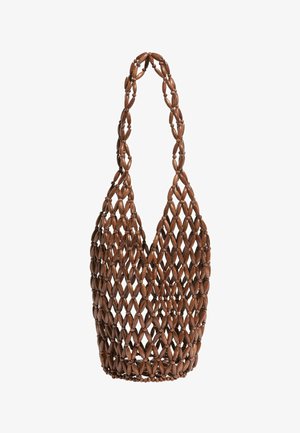 Brązowa siateczkowa torba na ramię z dużymi owalnymi koralikami i pętlą jako uchwytem, zaprojektowana do lekkiego noszenia.