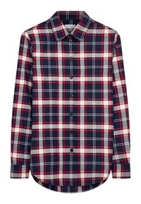 Button-up plaid shirt featuring navy, red, and white colors. Long sleeves, straight hem, and chest pocket with a classic collar design.