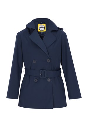 Marineblauer Trenchcoat mit doppelreihiger Knopfleiste, tailliertem Gürtel, Reverskragen und Knopfdetails. Hergestellt aus glattem, wasserabweisendem Material.