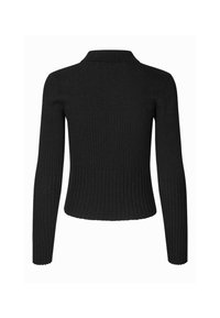 Svart ribbad långärmad tröja med en åtsittande midja och hög krage, visad bakifrån mot en vit bakgrund.