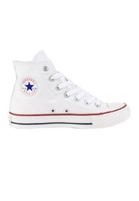 Bílé plátěné tenisky s vysokým vrškem, gumovou podrážkou, stříbrnými očky a červenými akcenty. Na boku se nachází modrý hvězdný logo.