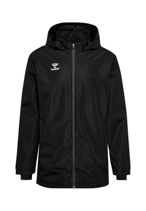 Black lightweight jacket with a hood, front zipper, and elastic cuffs; features a small white logo on the chest and a plain texture.