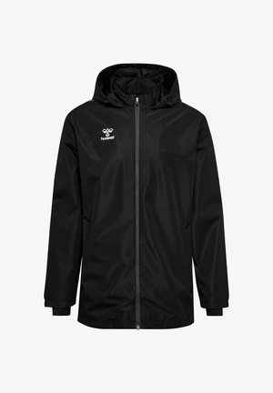 Black lightweight jacket with a hood, front zipper, and elastic cuffs; features a small white logo on the chest and a plain texture.