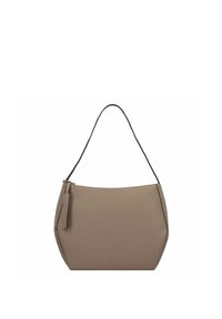 Weiche beige Lederhandtasche mit geschwungener Form, einem einzigen Tragegurt und strukturiertem Finish. Verfügt über ein dezentes dekoratives Etikett an der Seite.
