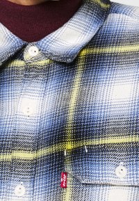 Chemise en flanelle à carreaux bleu, noir et jaune avec un col pointu, des boutons blancs et une étiquette rouge Levi's près de la poche gauche.