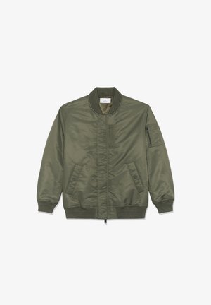 Olivgrön bomberjacka med dragkedja, ribbade ärm- och kragar, sidofickor och en liten ficka på armen med dragkedja. Slätt, glänsande tyg.